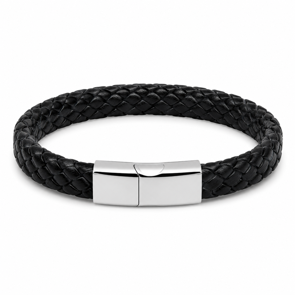 Men's black braided leather and steel bracelet on white