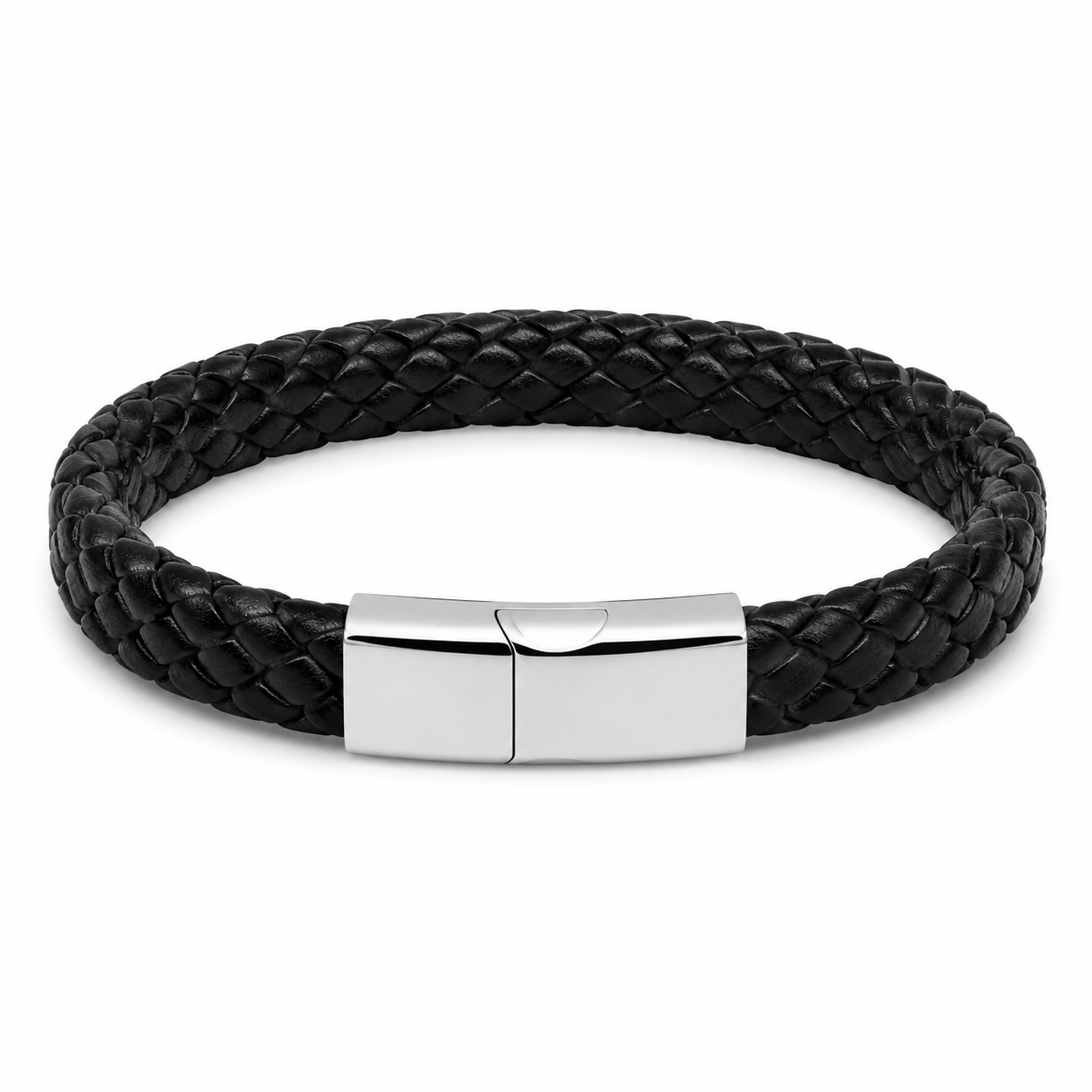 Men's black braided leather and steel bracelet on white