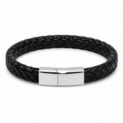 Men's black braided leather and steel bracelet on white