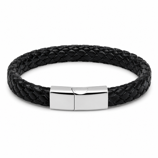 Men's black braided leather and steel bracelet on white