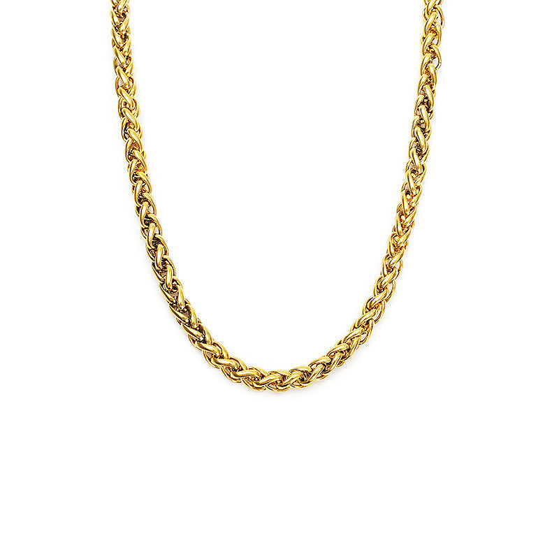 Men's gold 3mm woven chain necklace on white