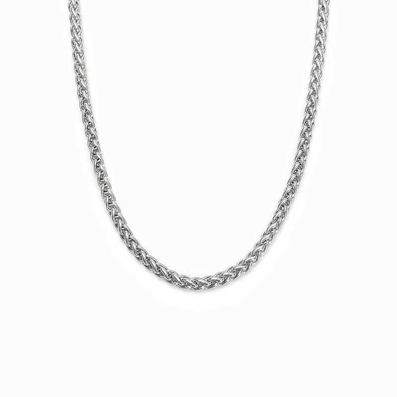 Men's silver 3mm woven chain necklace on white