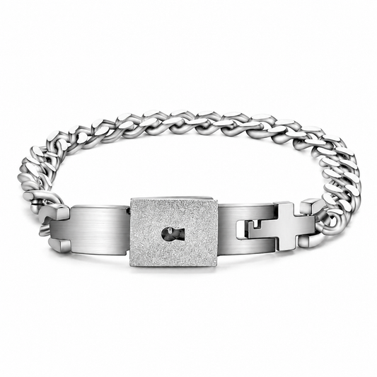 Men's silver stainless steel padlock bracelet on white background