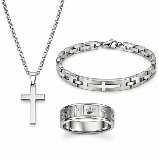 Men's silver-tone cross necklace bracelet and ring set on white
