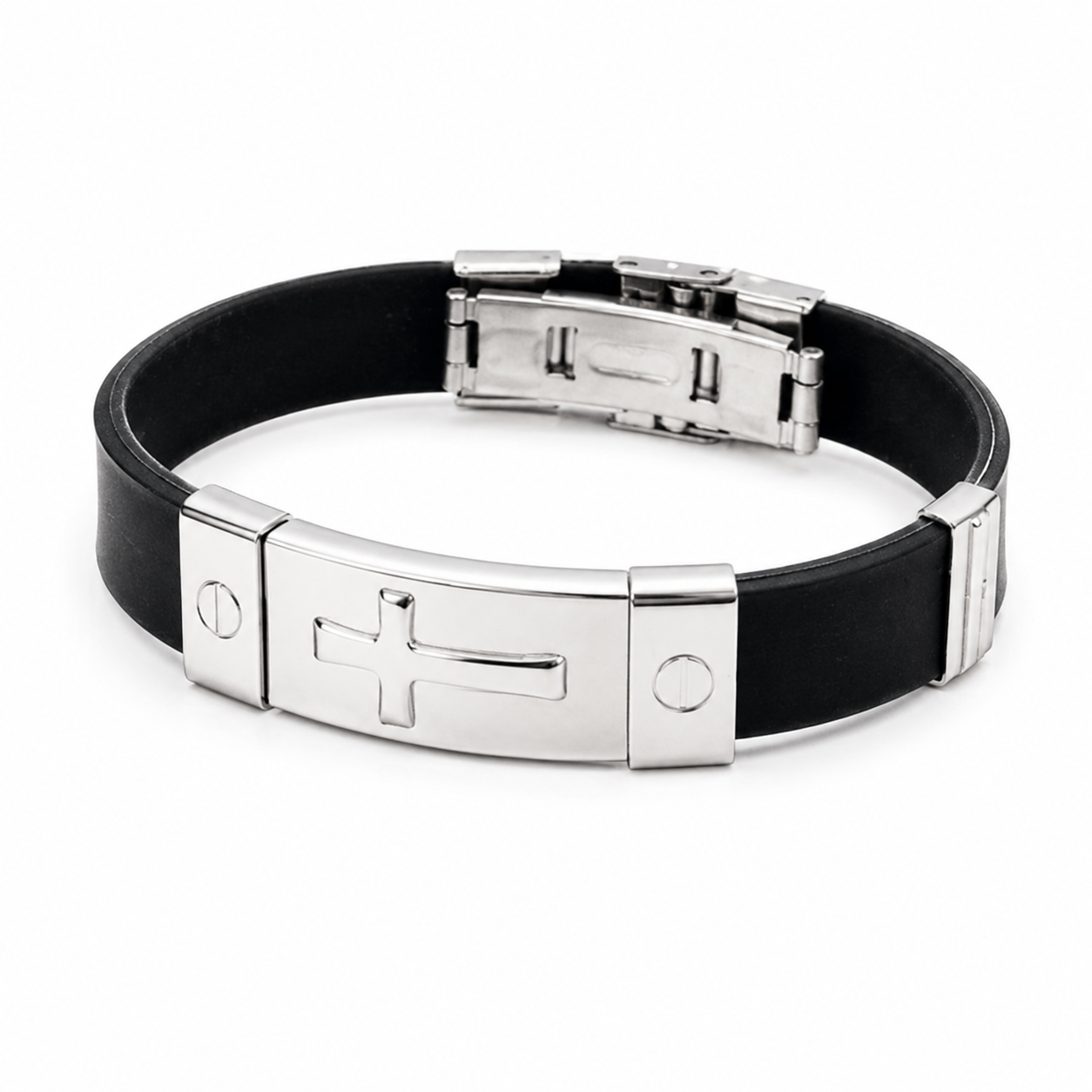 Cross-Plate Silicone & Steel Bracelet on a pure white background