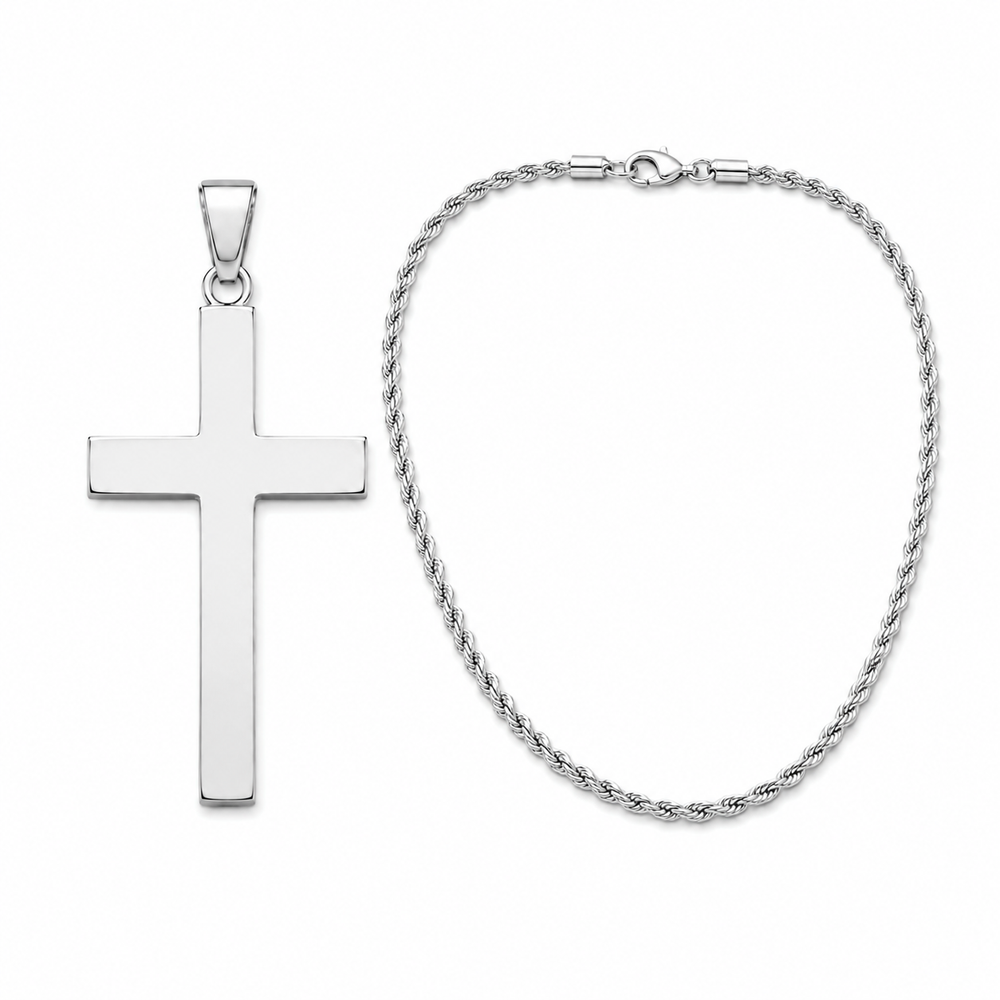 Polished steel cross pendant and 2mm rope chain set