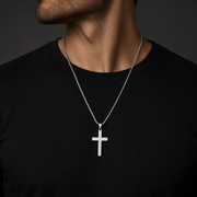 Man wearing polished steel cross pendant and 2mm rope chain set