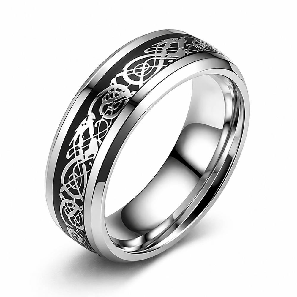 Dragon pattern ring in silver and black