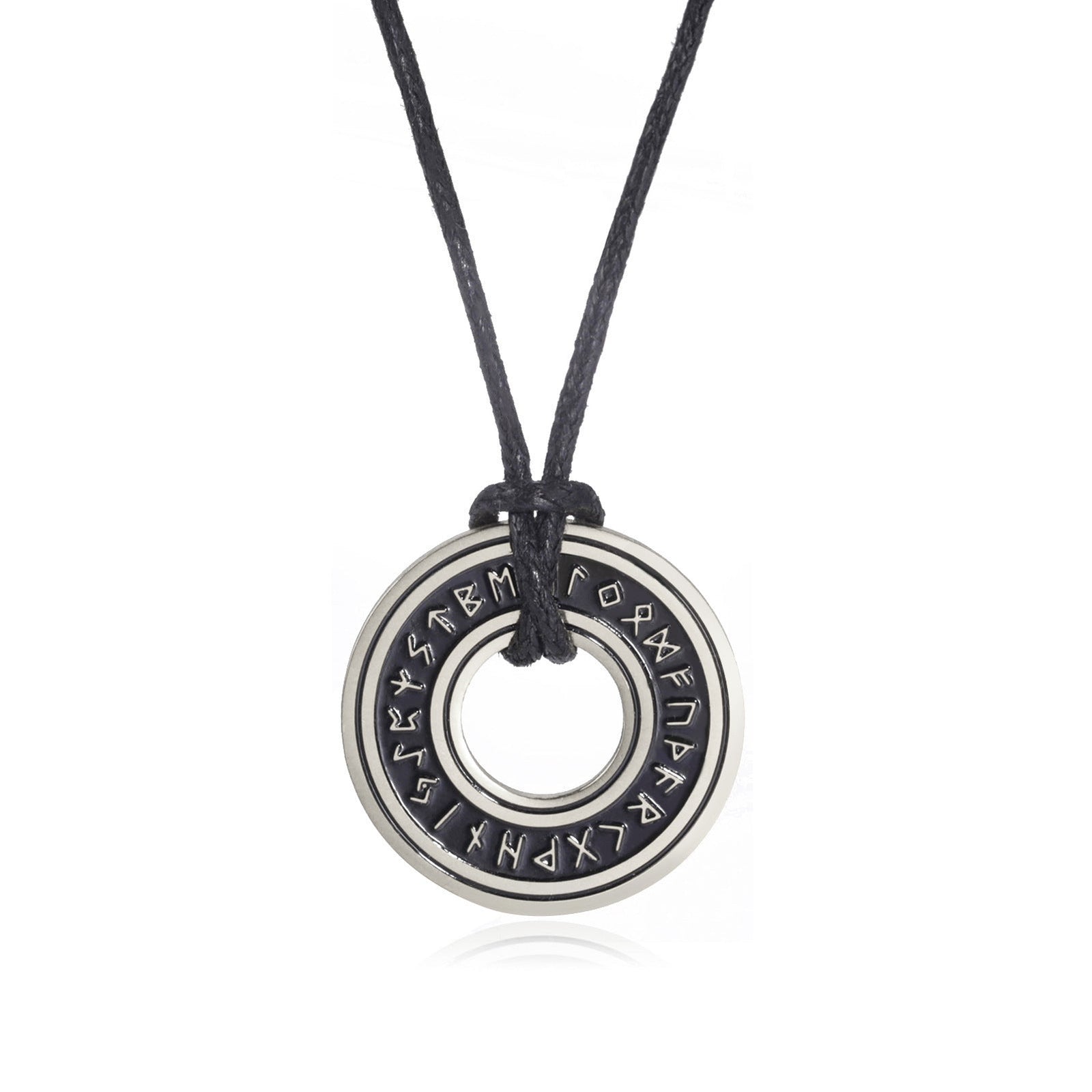 Silver-tone Elder Futhark rune disc necklace on white