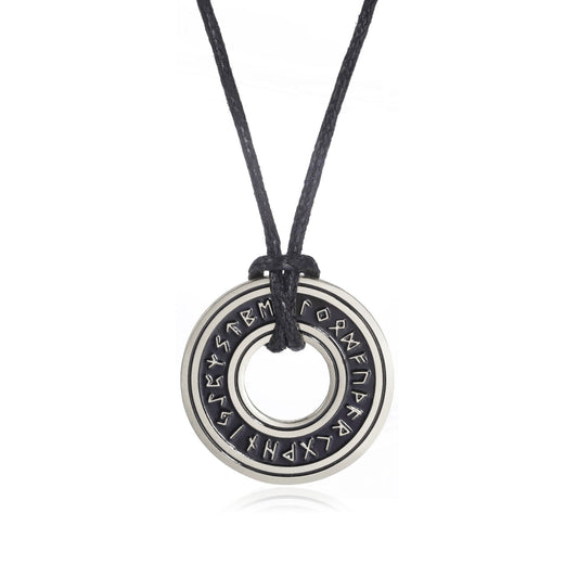Silver-tone Elder Futhark rune disc necklace on white