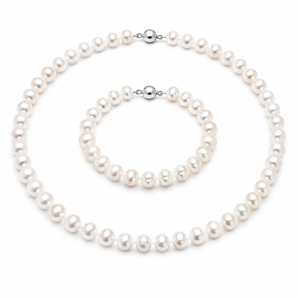 Freshwater Pearl Necklace & Bracelet Set on white background