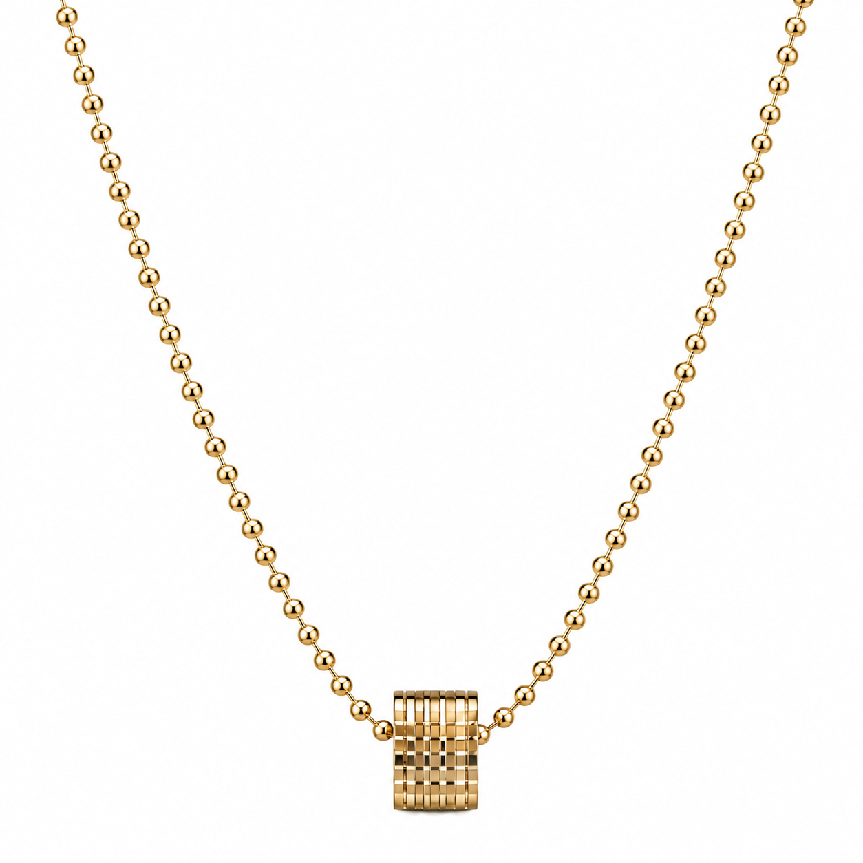 Gold-tone barrel pendant necklace on white