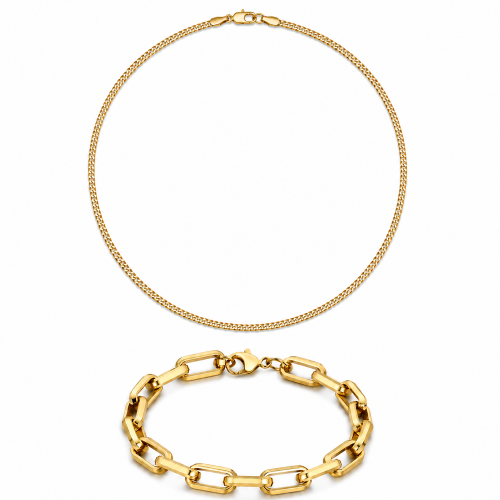 Men's gold-tone Cuban chain and geometric bracelet essentials set