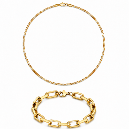 Men's gold-tone Cuban chain and geometric bracelet essentials set