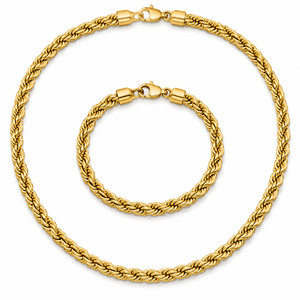 Gold-tone rope chain necklace and bracelet set on white