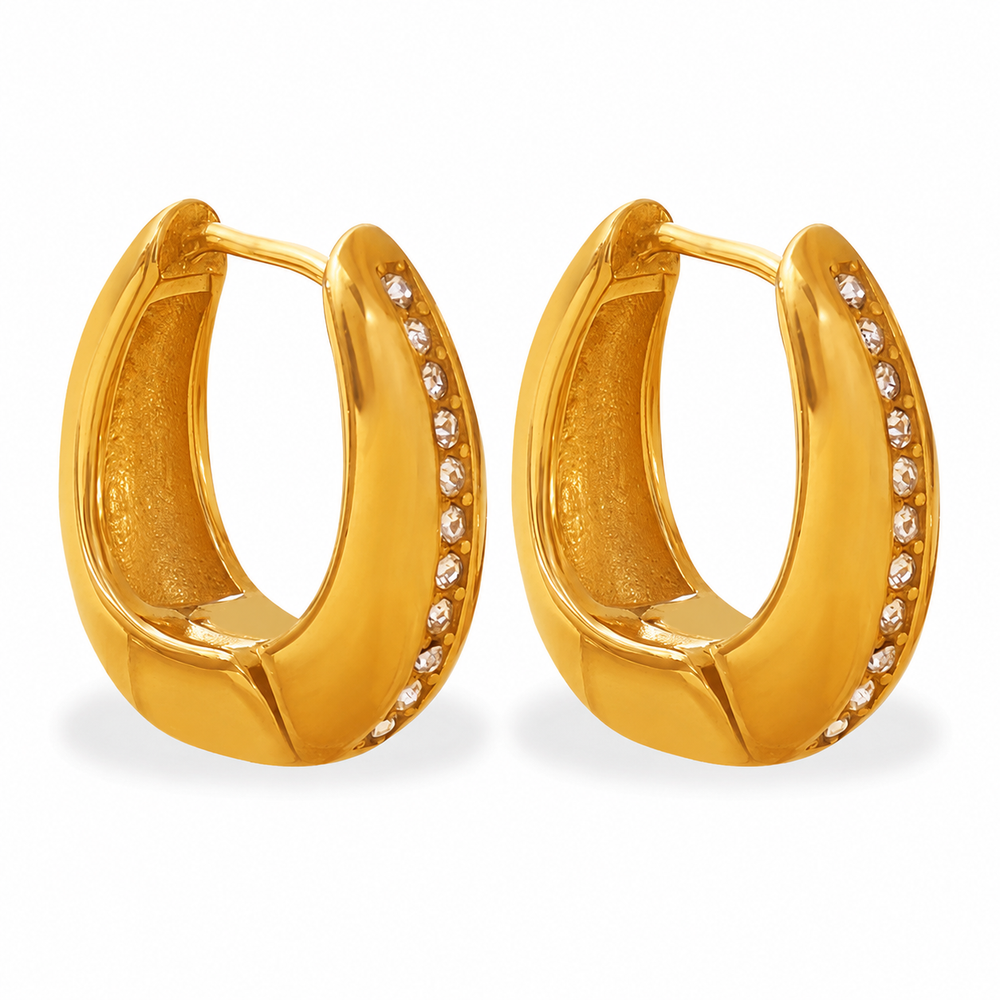 Gold Zircon Huggie Hoop Earrings on pure white background