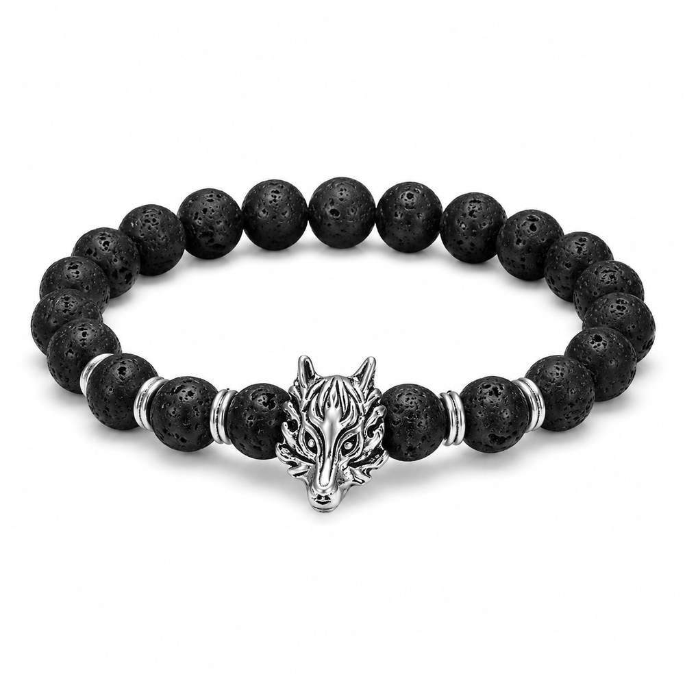 Grey Wolf & Lava Stone Bracelet on white background