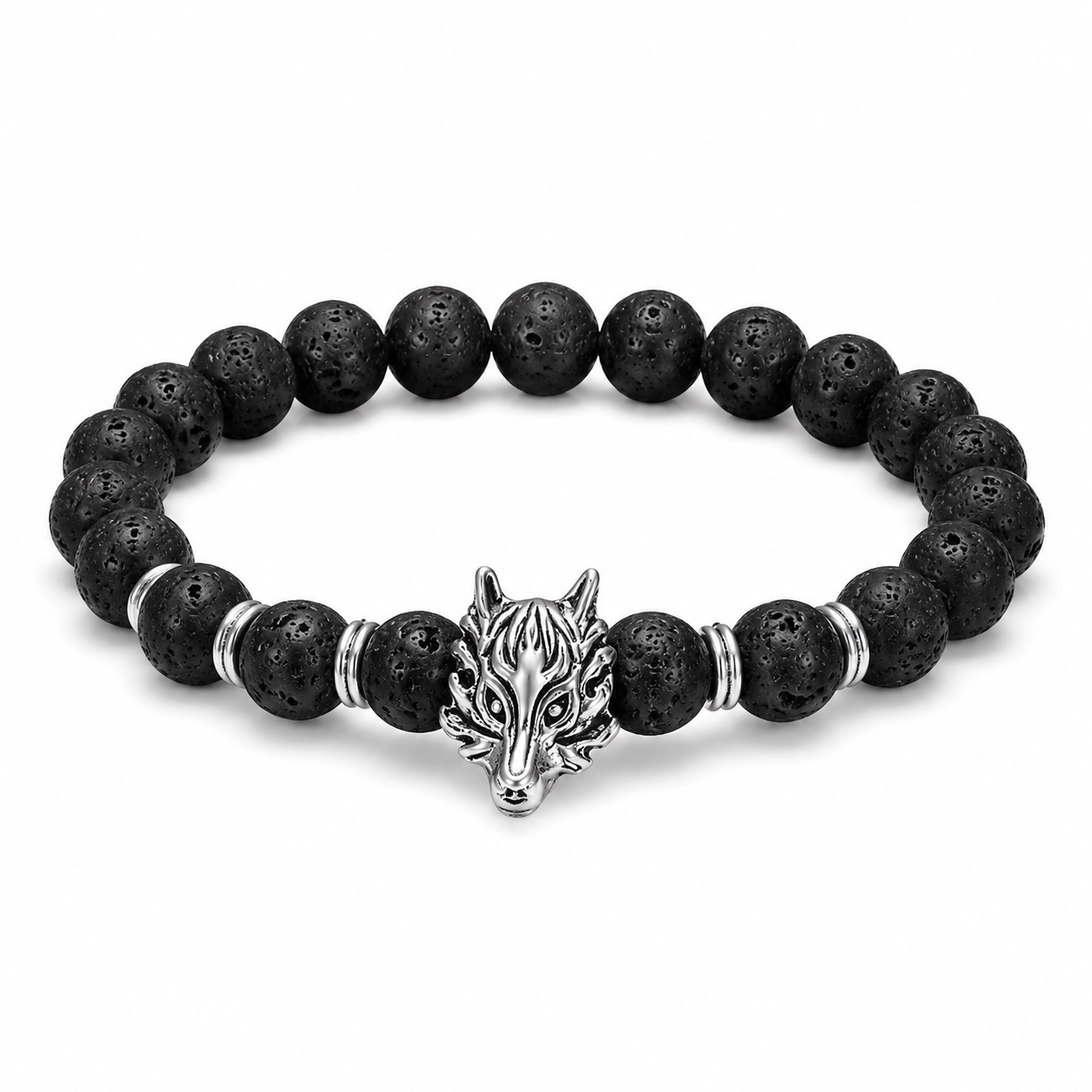 Grey Wolf & Lava Stone Bracelet on white background