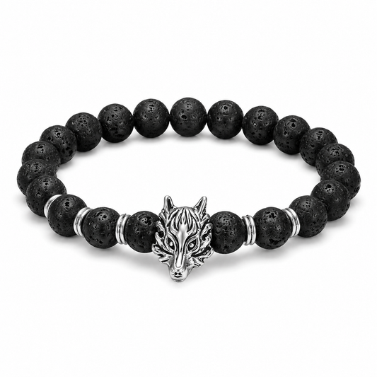 Grey Wolf & Lava Stone Bracelet on white background