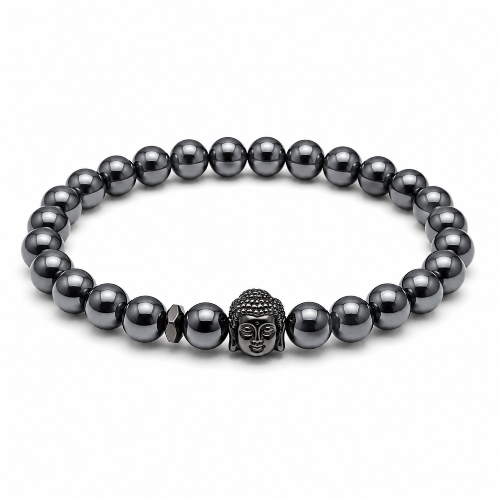 Men's dark hematite-style bead bracelet on white