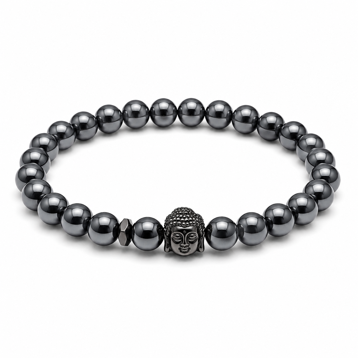 Men's dark hematite-style bead bracelet on white