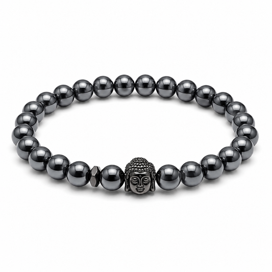 Men's dark hematite-style bead bracelet on white