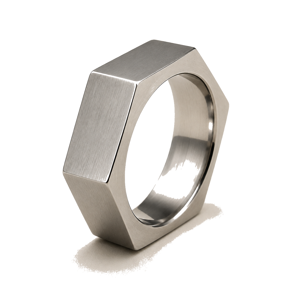 Hexagonal Titanium Ring on a clean white background