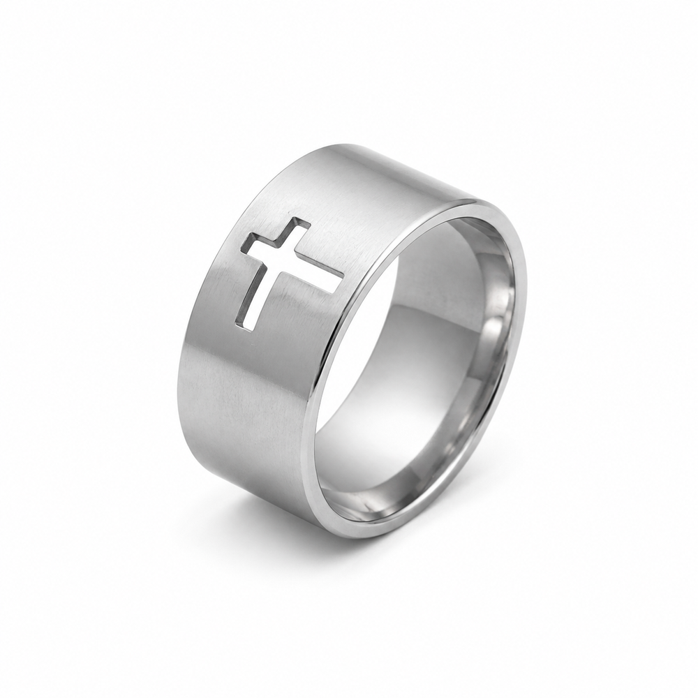 Hollow cross stainless steel ring in steel tone