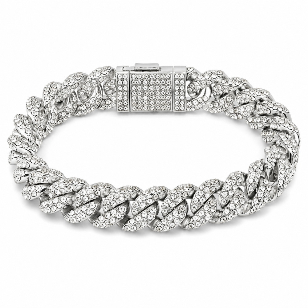 Men's silver-tone iced Cuban bracelet on white