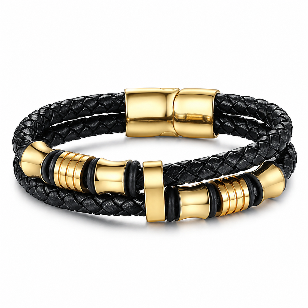 Magnetic-Clasp Braided Leather Bracelet on white background