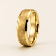 Men's gold fog-pattern stainless steel ring on white background