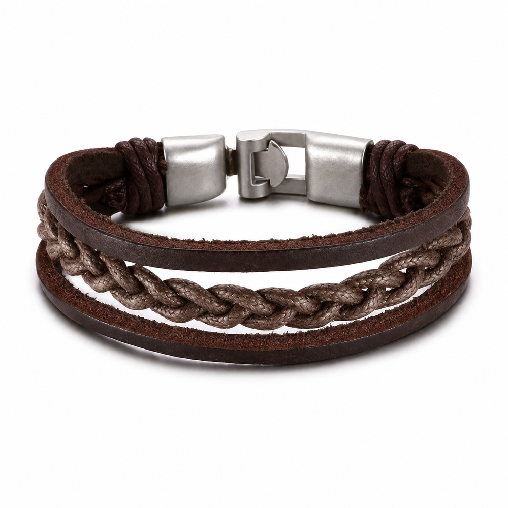 Minimal Layered Brown Leather Bracelet on pure white background