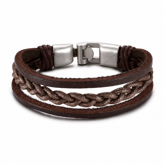 Minimal Layered Brown Leather Bracelet on pure white background