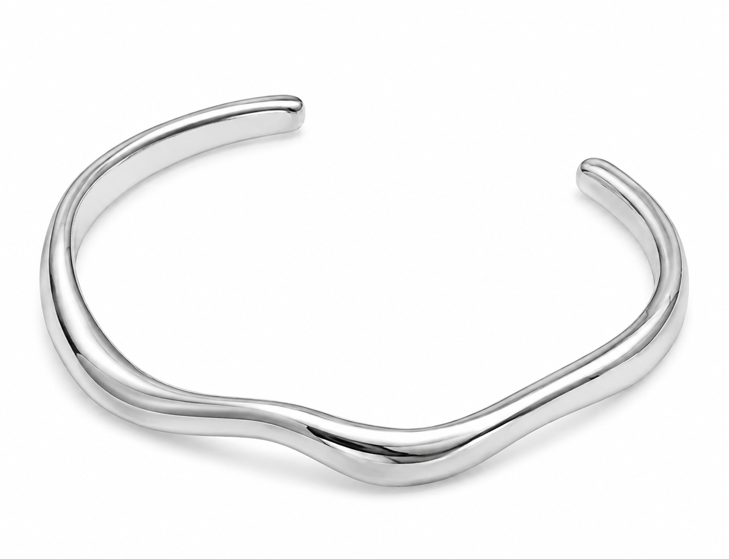 Irregular open cuff bracelet, silver smooth wave