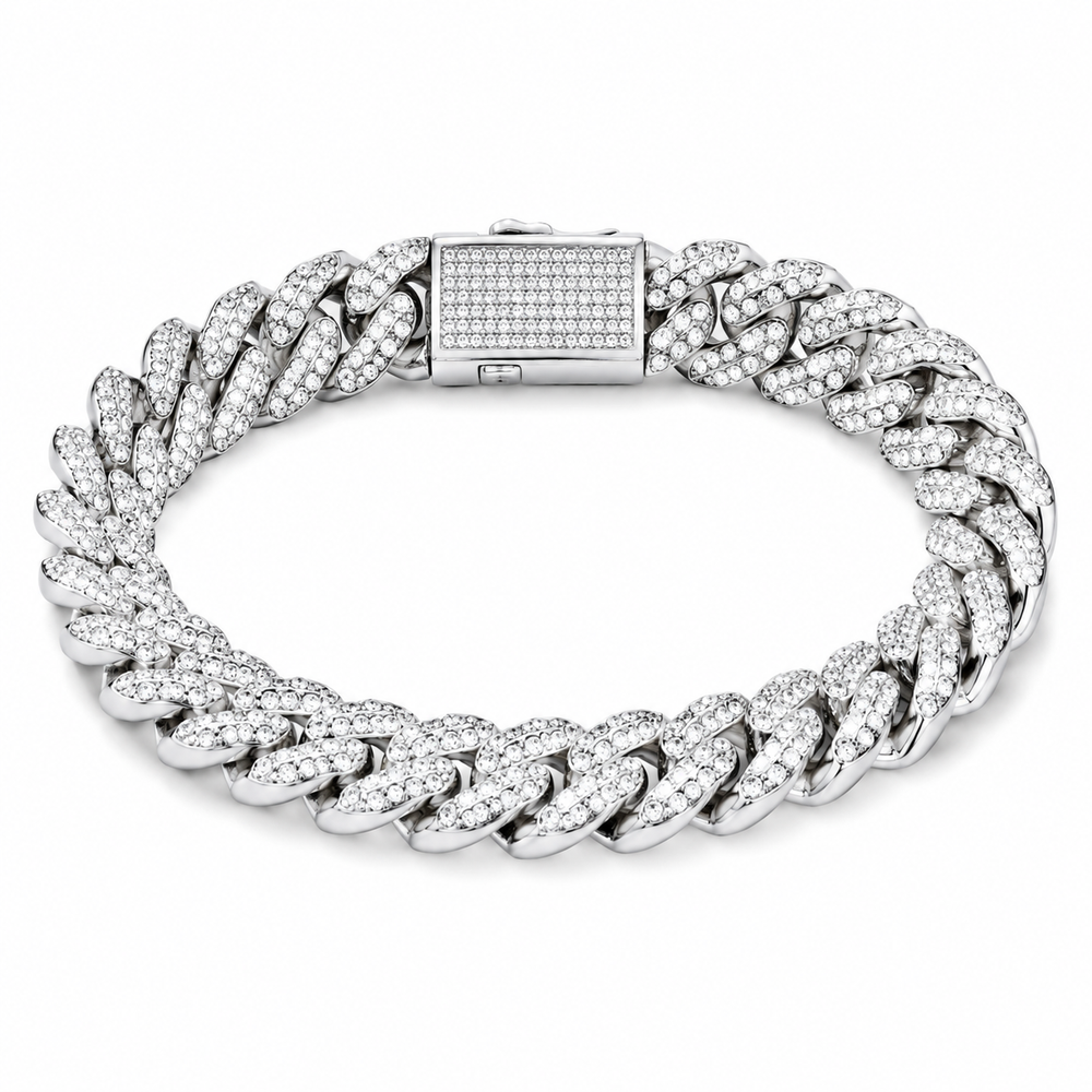 Men's premium silver-tone iced Cuban bracelet on white