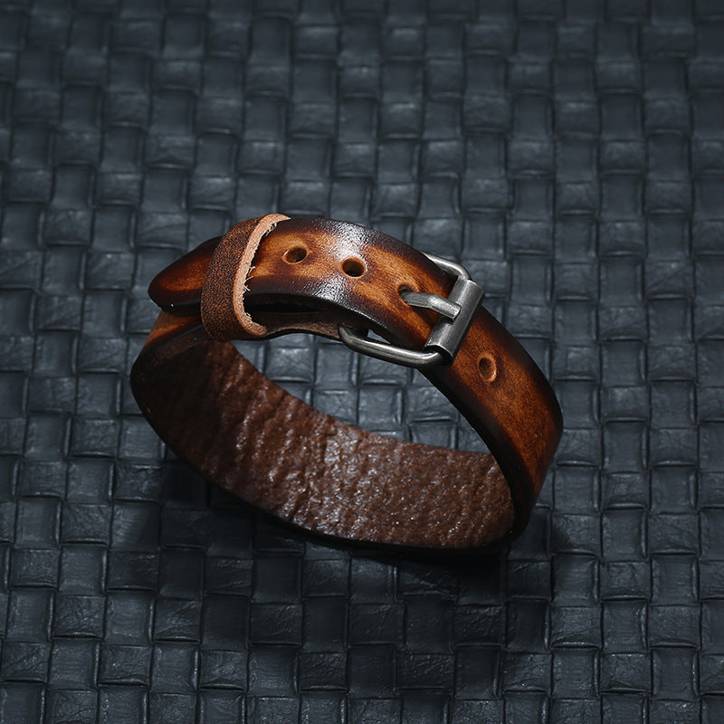 Wide leather bracelet worn view