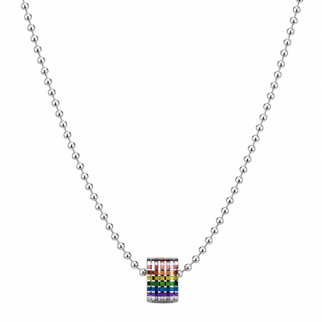 Rainbow barrel pendant necklace on white