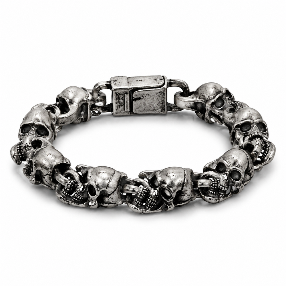 Men's antique steel-tone skull bracelet on white