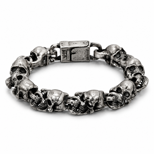 Men's antique steel-tone skull bracelet on white
