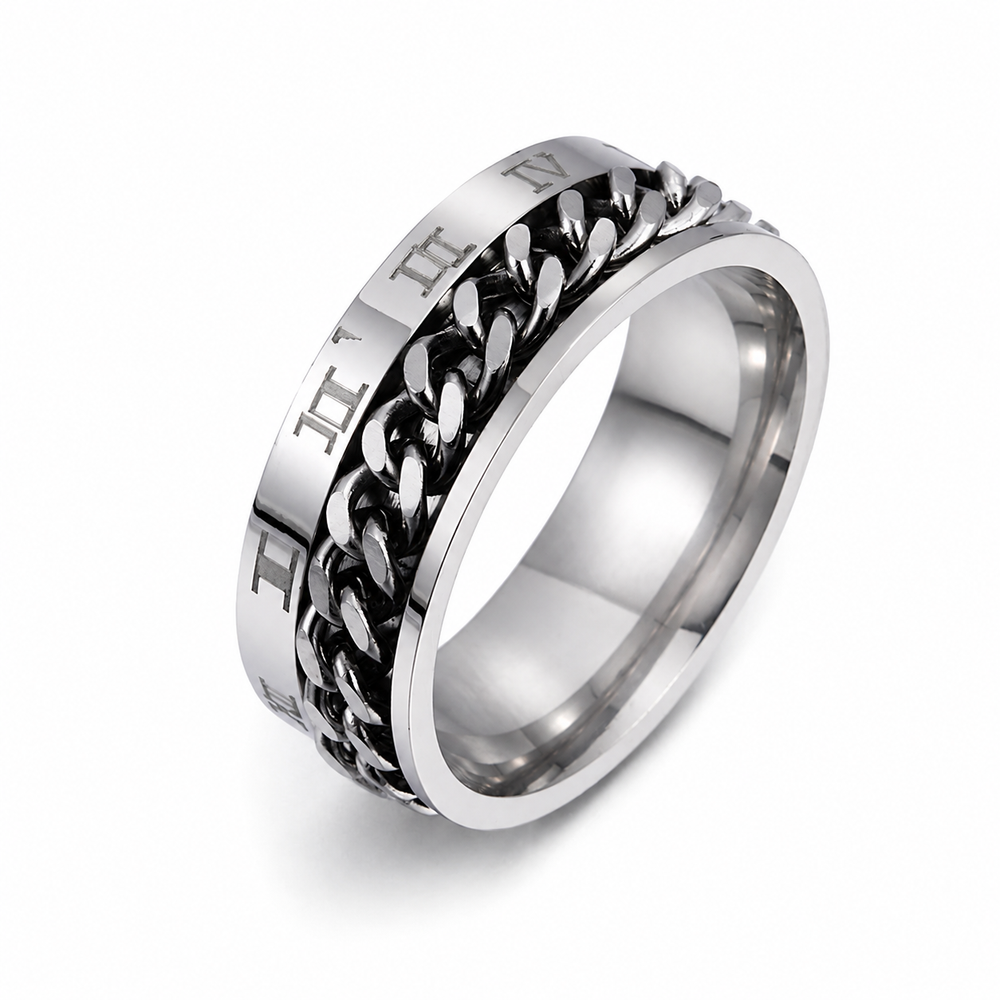 Roman Chain Spinner Ring on a pure white background