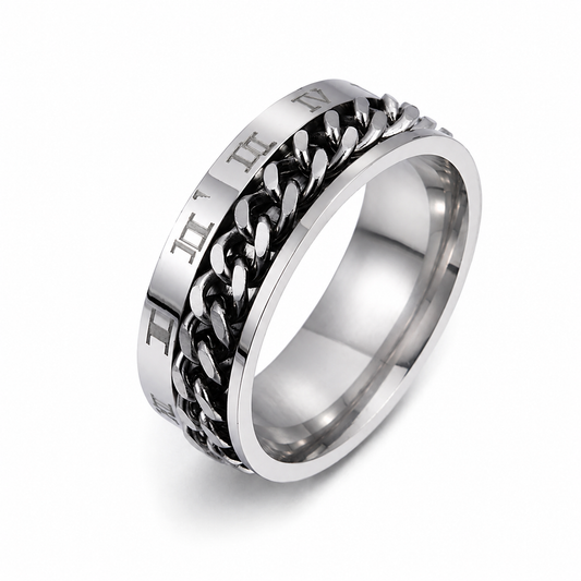 Roman Chain Spinner Ring on a pure white background