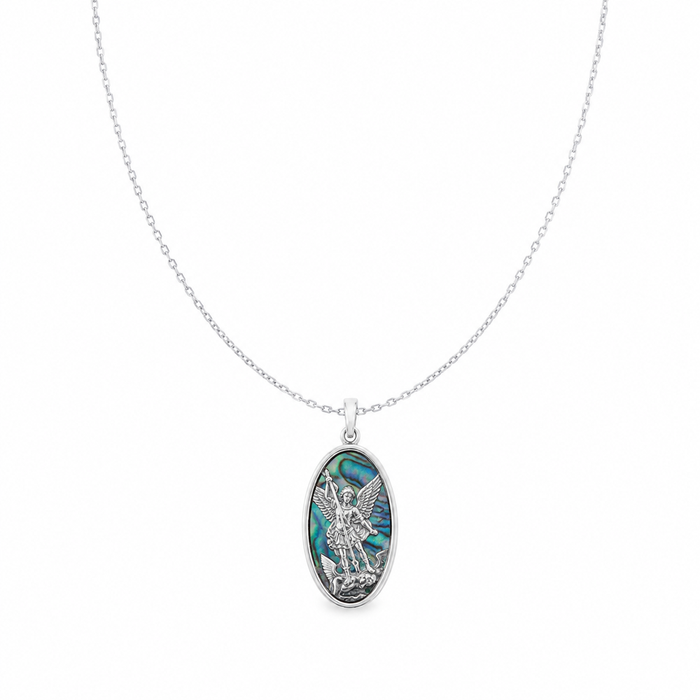 Men's Saint Michael abalone medal necklace on white