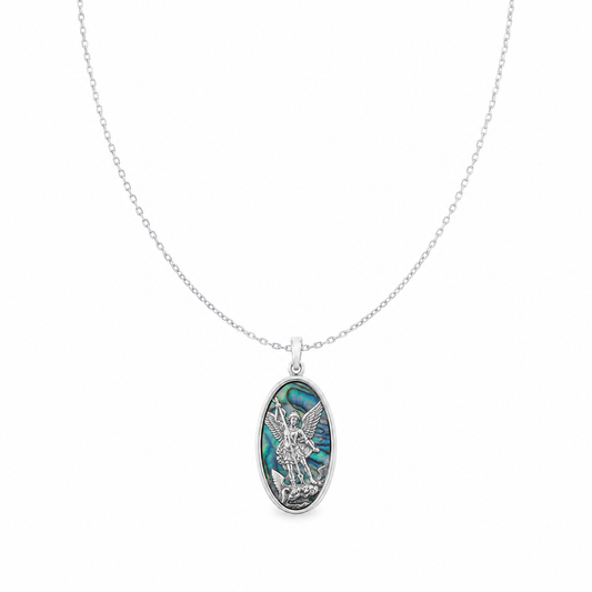 Men's Saint Michael abalone medal necklace on white