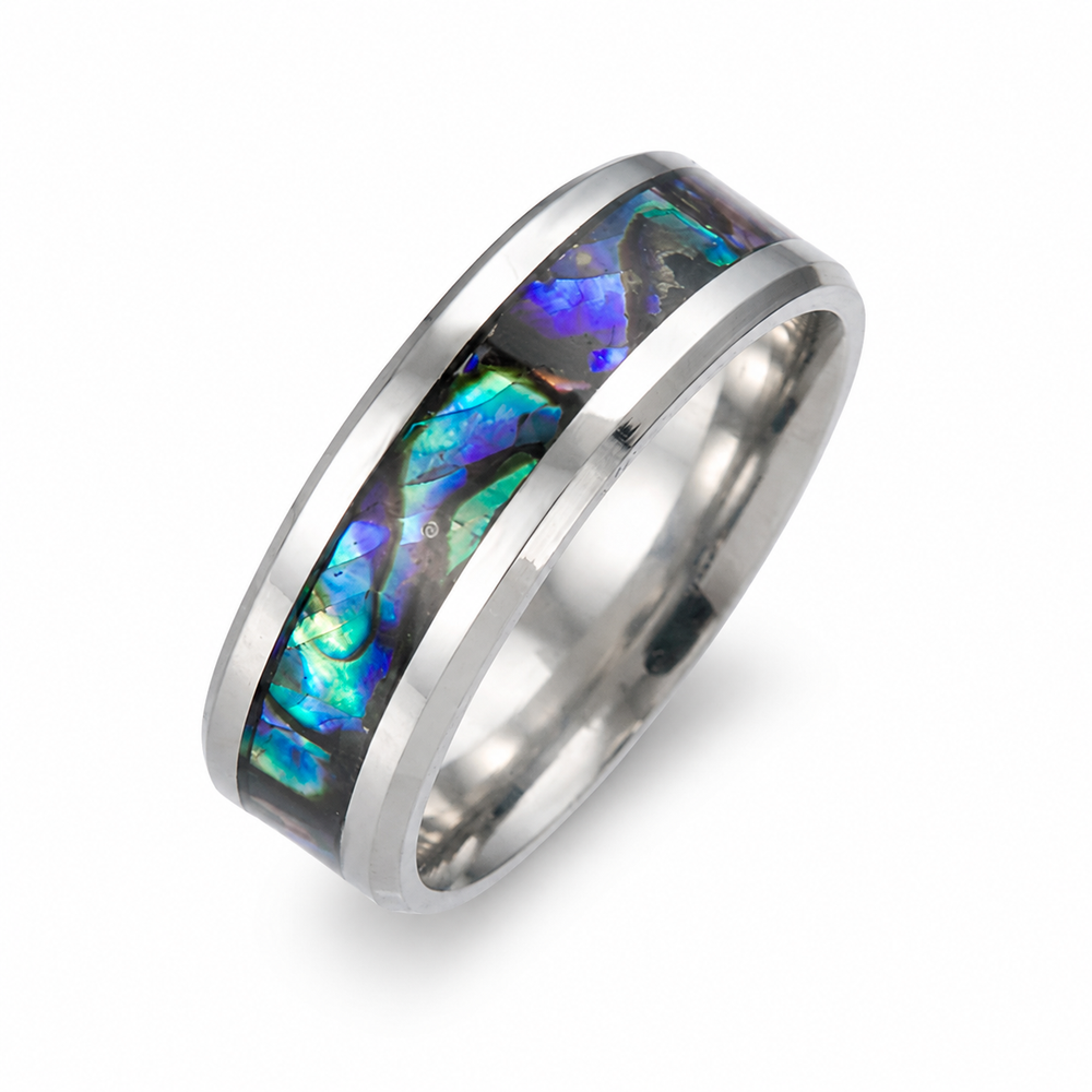 Shell inlay ring in blue abalone