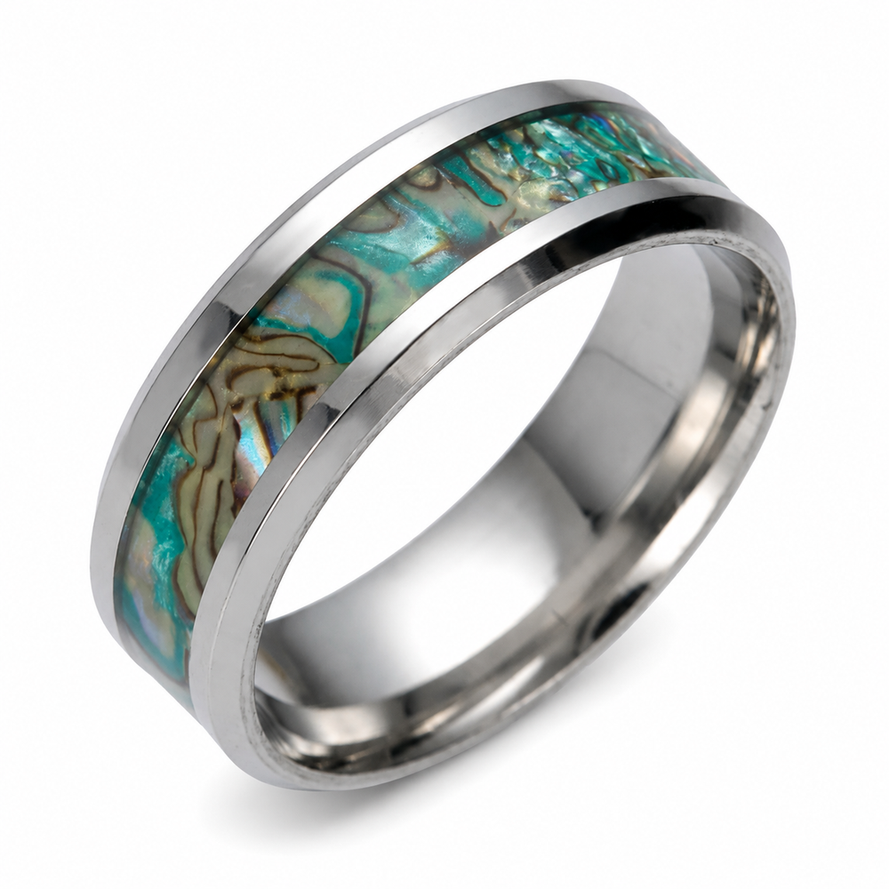 Shell-Inlay Stainless Steel Ring on a pure white background