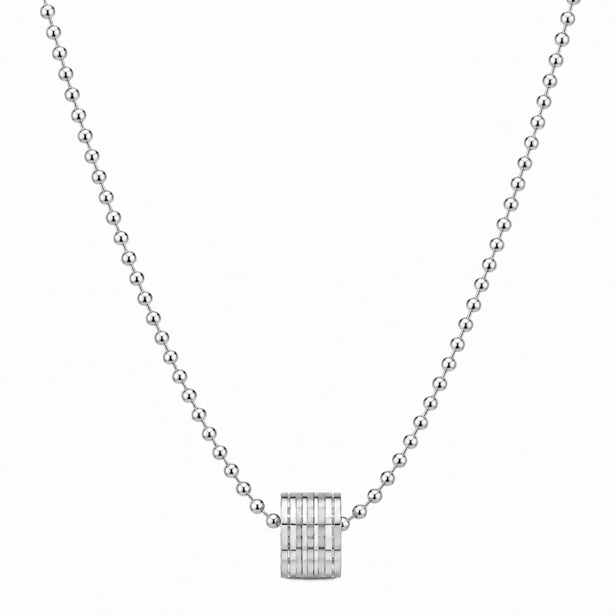 Silver-tone barrel pendant necklace on white