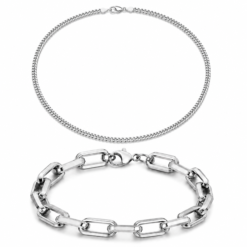 Men's silver-tone Cuban chain and geometric bracelet essentials set