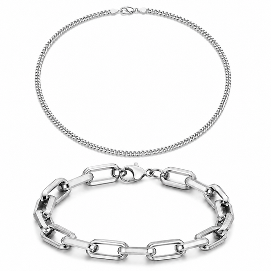Men's silver-tone Cuban chain and geometric bracelet essentials set