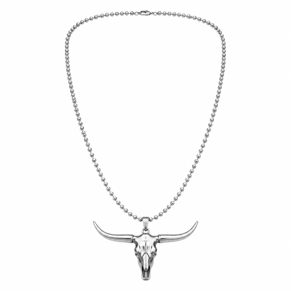 Men's silver-tone longhorn pendant necklace on white