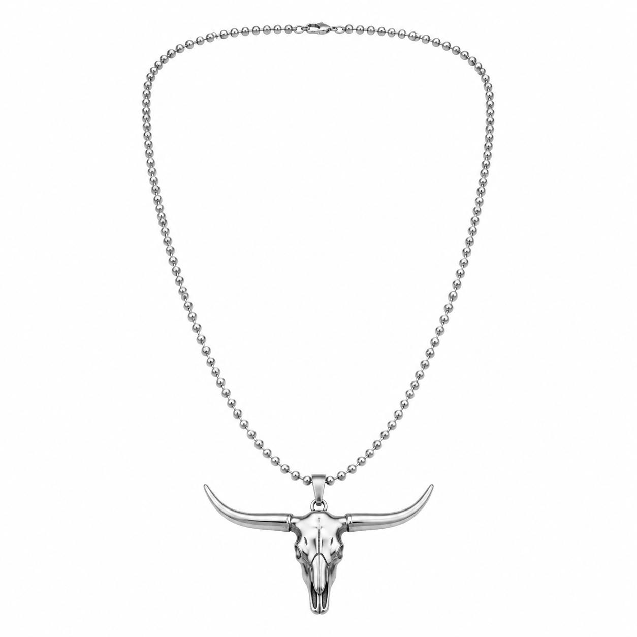 Men's silver-tone longhorn pendant necklace on white